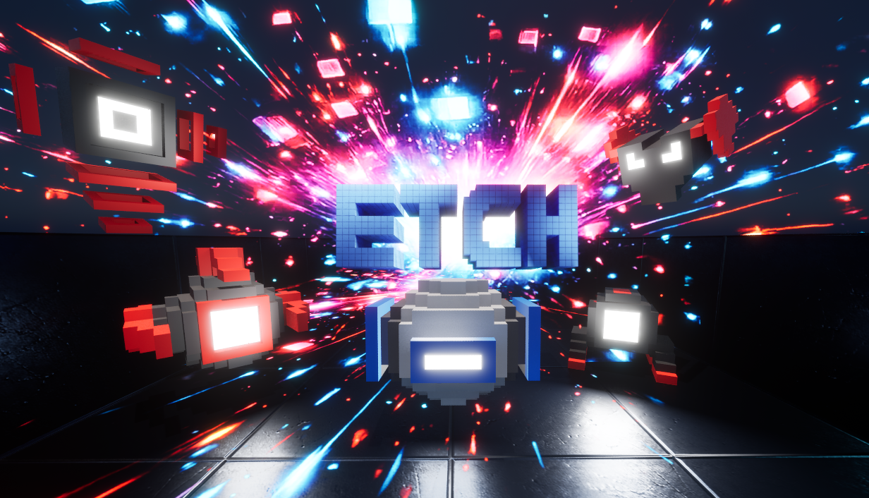 ETCH key art: a voxel logo amid a neon explosion, flanked by Tracers